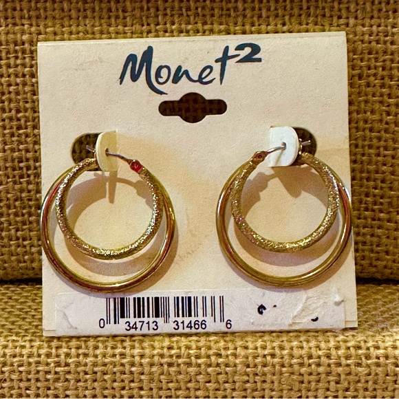 NWT Monet 2 Earrings- Vintage.  Gold tone double hoops w/ surgical steel earwire - Picture 3 of 6